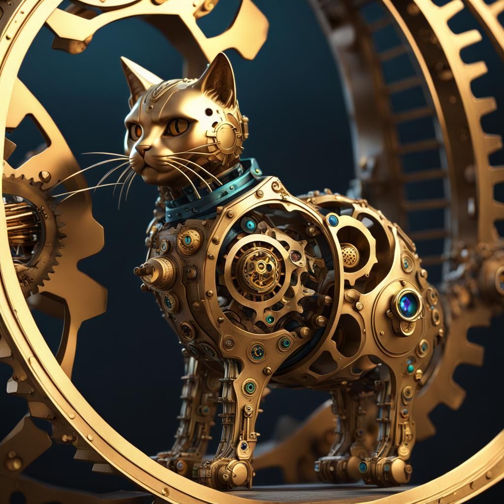 Steampunk Gold Cat with Cogwheels: Detailed Matte Painting