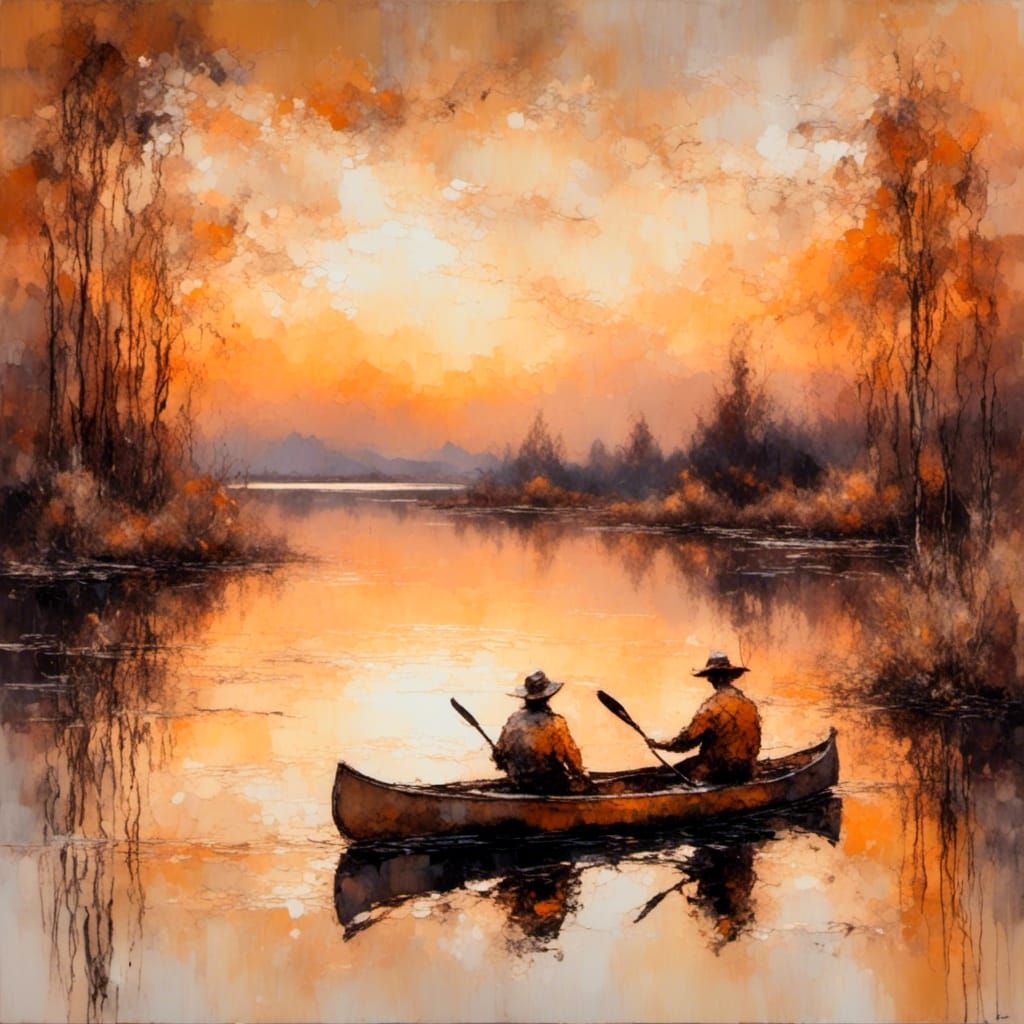 Canoe on Lake at Sunset: Impressionist Painting