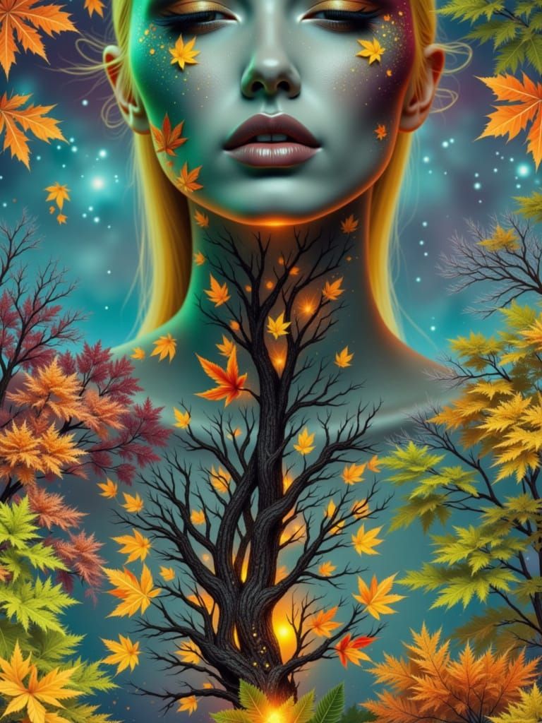 Autumn Goddess Amidst Swirling Leaves