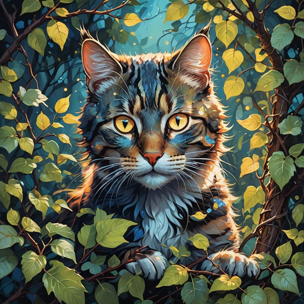 Cat in Bramble Bush: Whimsical Oil Painting