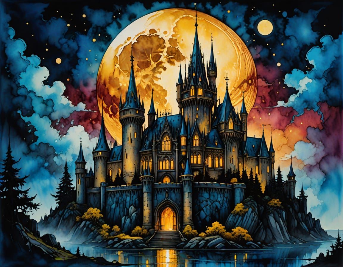 Gothic Castle Under Blood Moon: Alcohol Ink Illustration