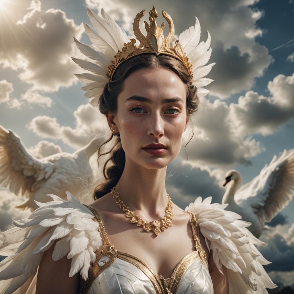 Lady wearing a Swan dress with a swan head dressing. heavenly sunshine beams divine bright soft focus holy in the clouds...