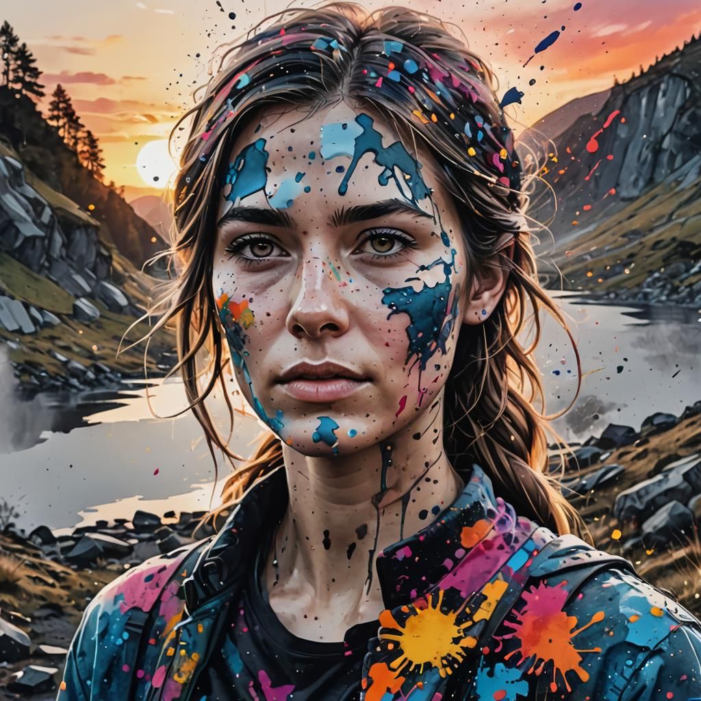 Ink Splatter Portrait of Woman in Scandinavian Landscape