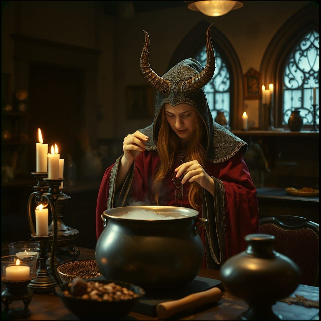 Dragonborn Witch Brewing Potion in Ornate Manor