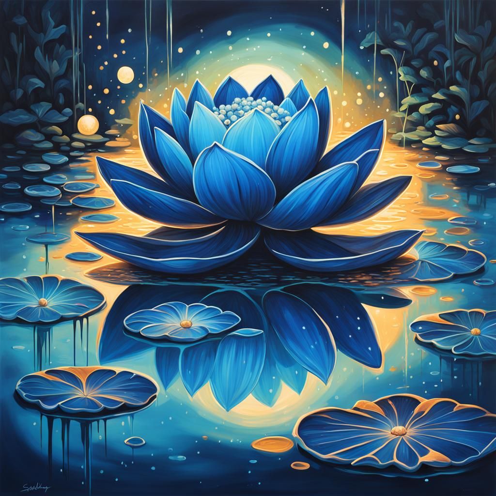 Glowing Blue Lotus in Moonlight, Graffiti Art Style