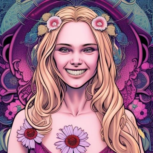 Blonde Woman with Pink Flower, Comic Book Art