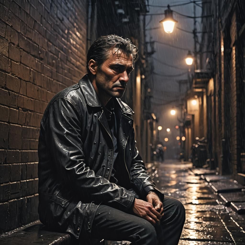Melancholic Man in Rain-Soaked Alleyway, Film Noir