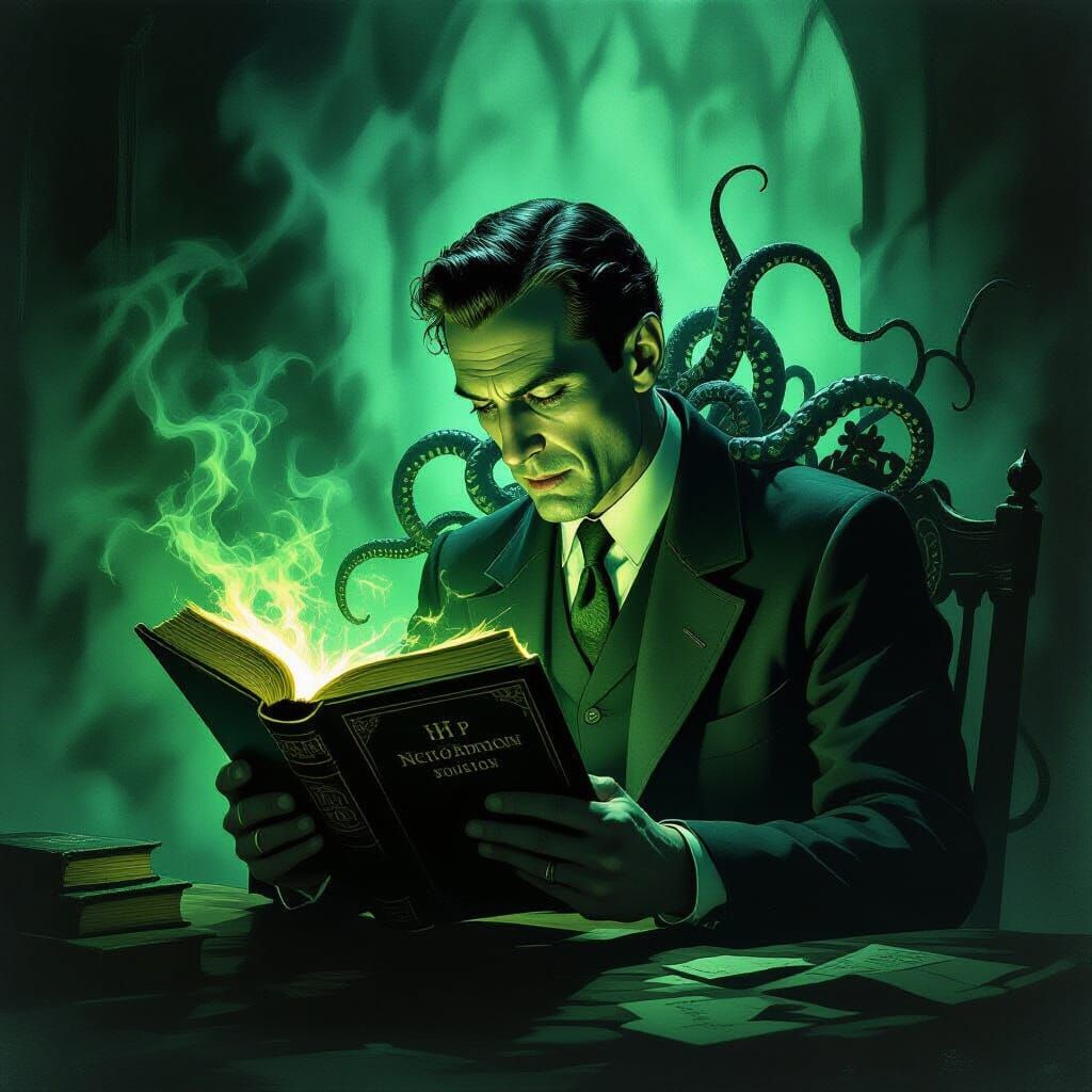 H.P. Lovecraft Reads Necronomicon with Eldritch Tentacles