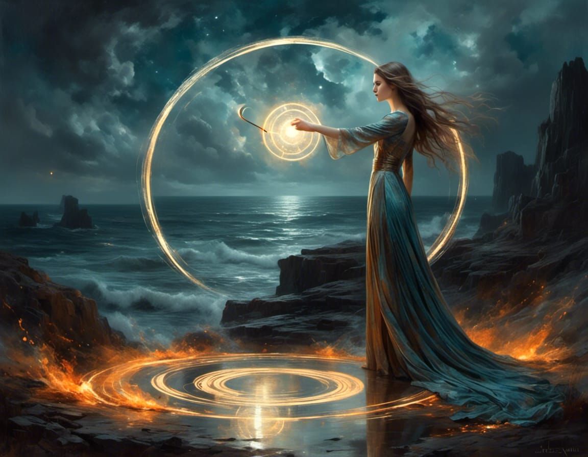 A Sorceress Draws a Glowing Magic Circle in a Dark, Stormy L...