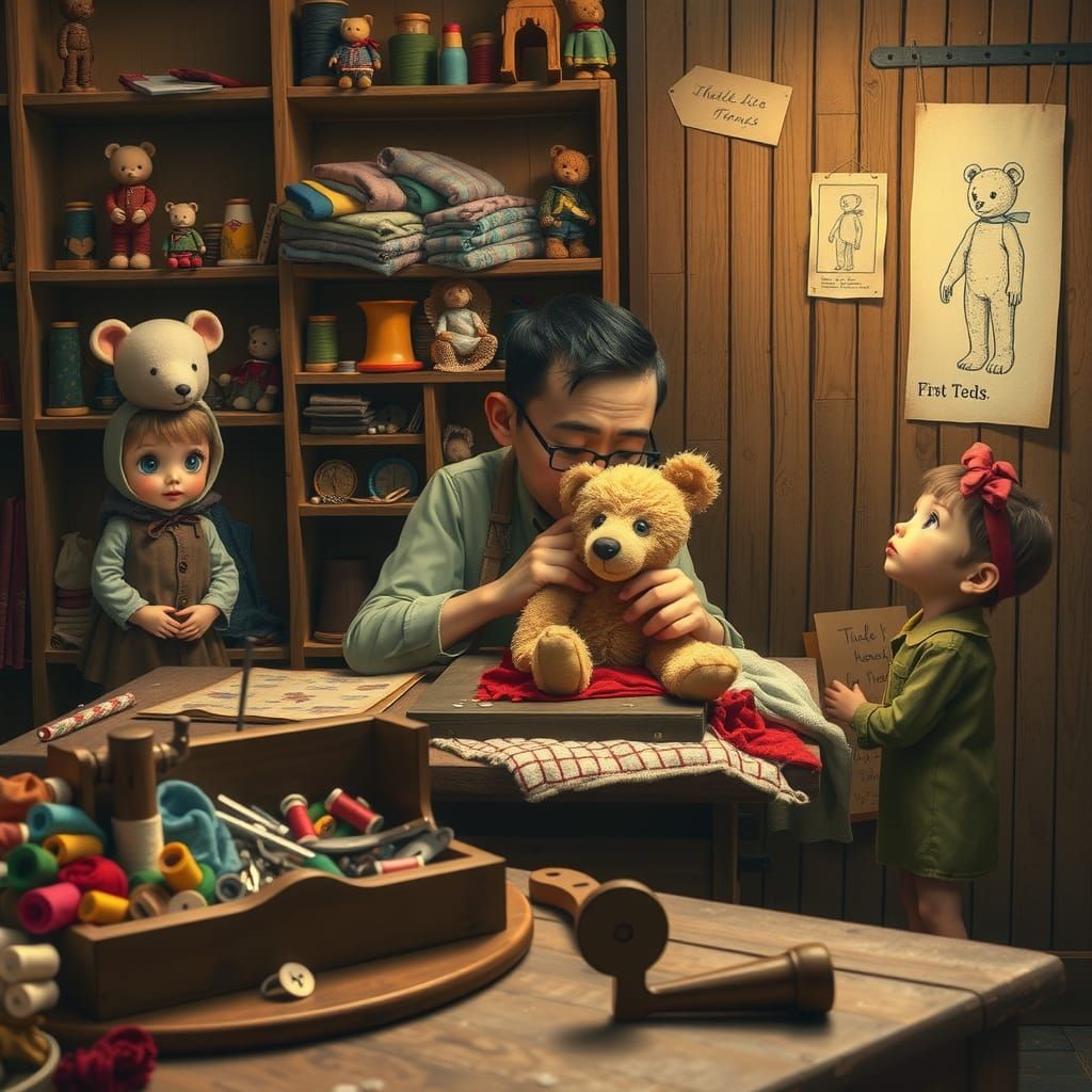 Toymaker's Enchanting Teddy Bear Creation in Vintage Style