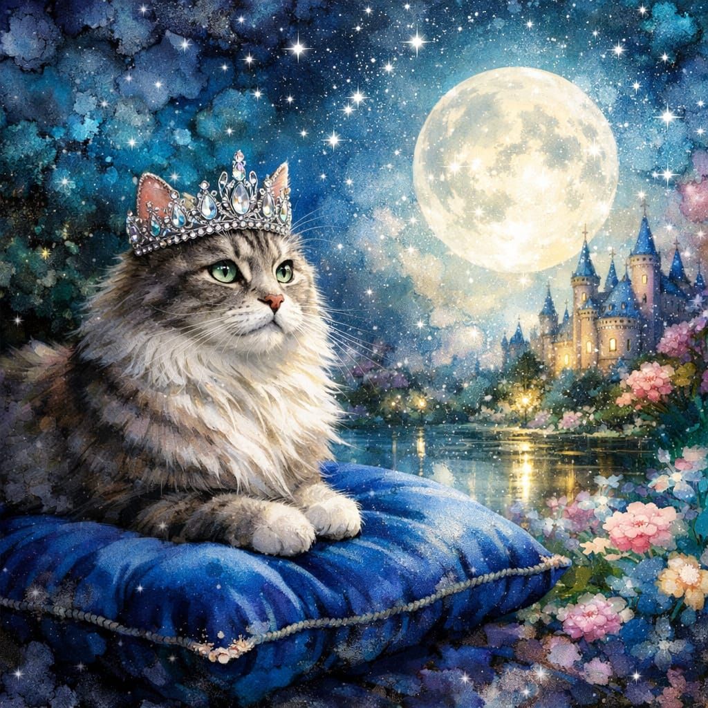 Majestic Cat King on Velvet Cushion Under Moonlight