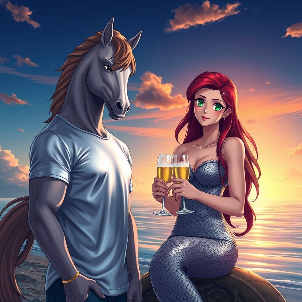 Mythical Centaur Sits with Mermaid on Serene Seashore at Daw...