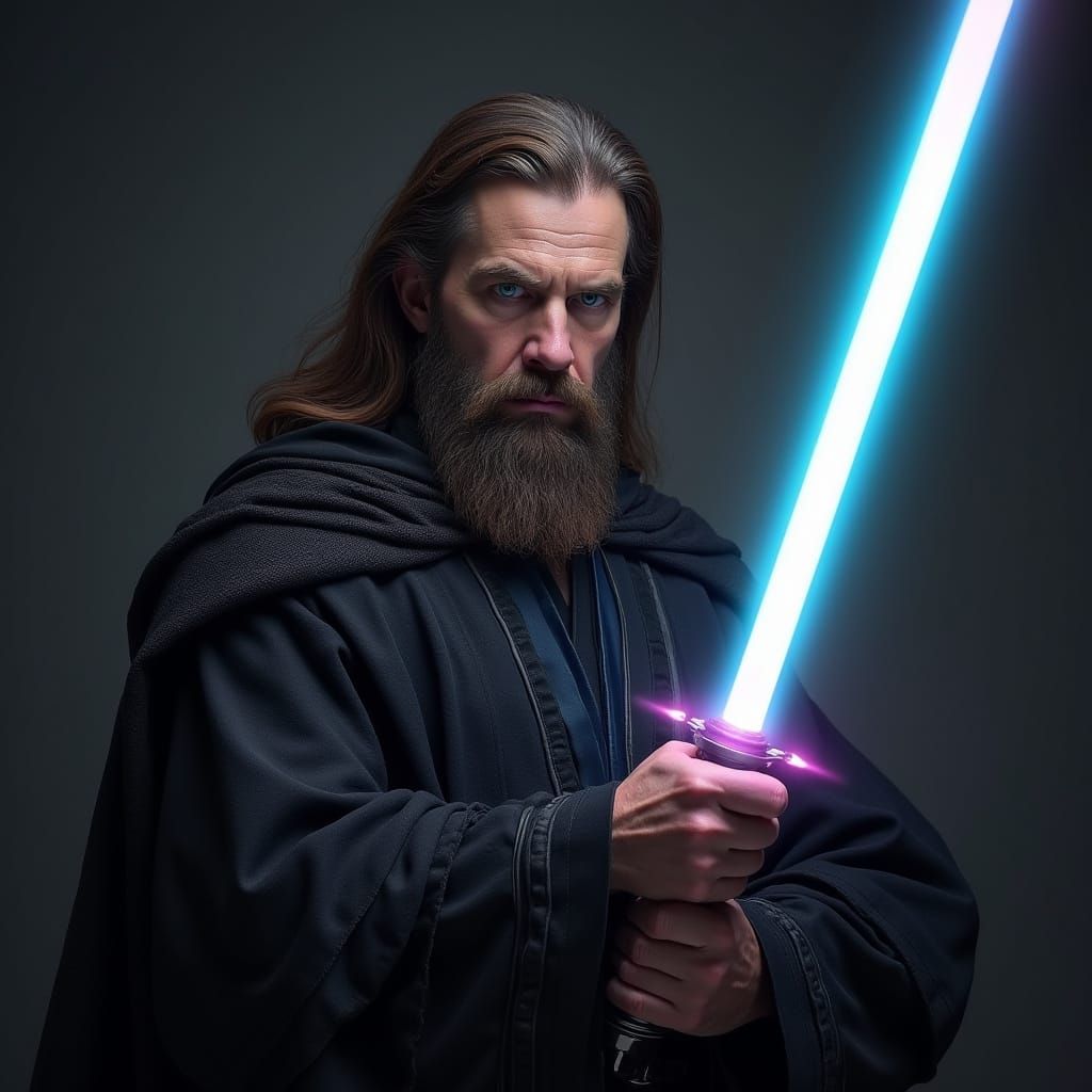 Futuristic Man with Lightsaber in Hyperrealistic Style