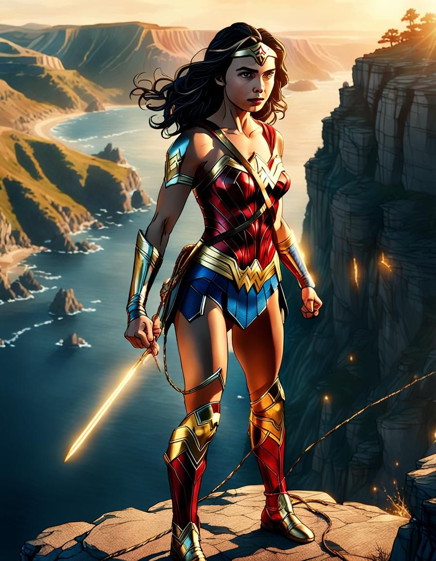 Ana de Armas as Wonder Woman: Cinematic Cliffside Vista