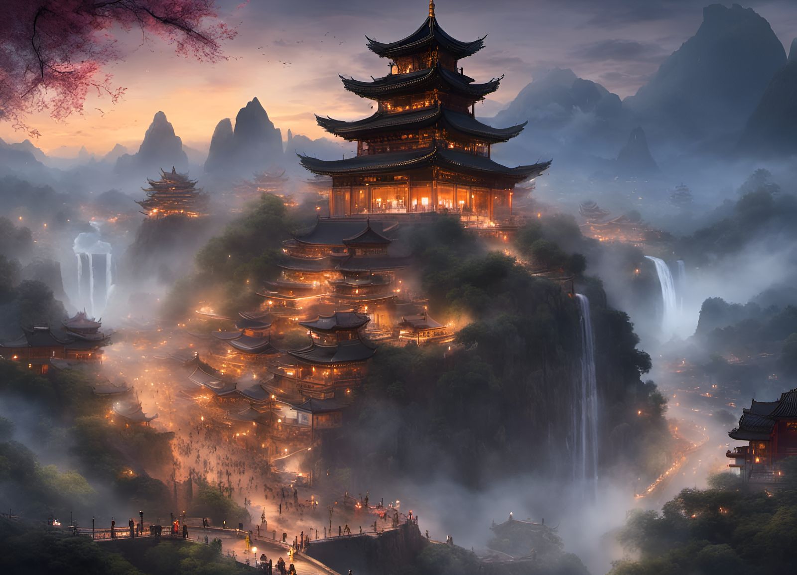 Xianxia City with Waterfall and Pagodas
