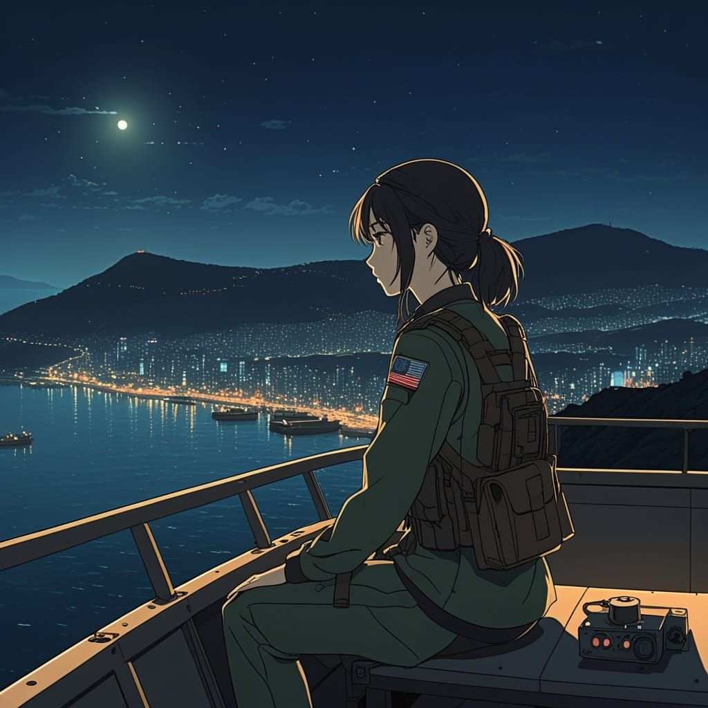 Melancholic Anime Soldier Girl at Night