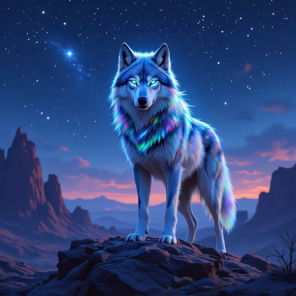Iridescent Wolf Under Starry Sky in Hyperrealistic Style