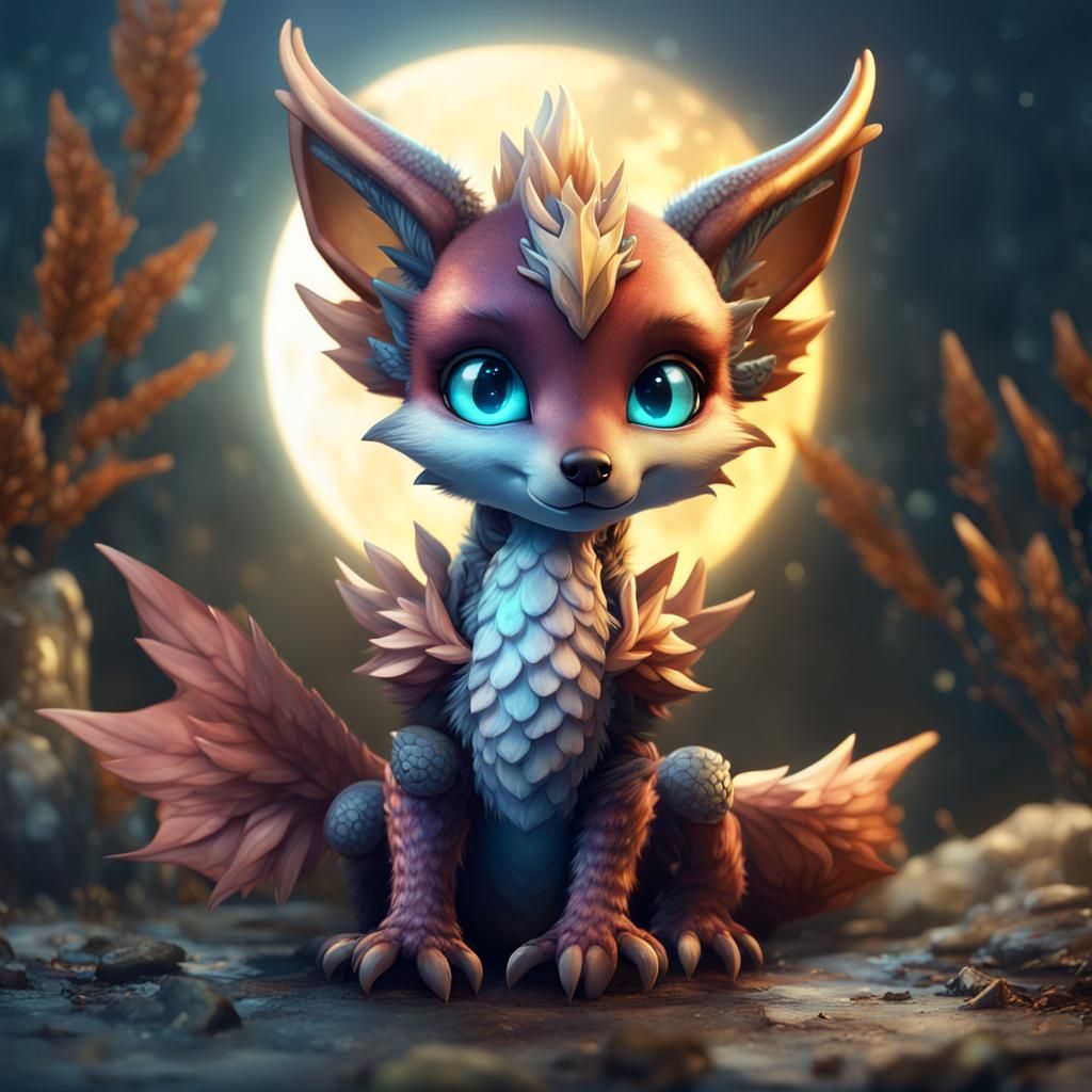 Dragon Fox Hybrid Baby with Wings: Fantasy Art