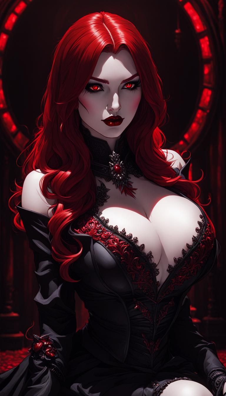 Redhead Vampire in Gothic Room with Red Lighting