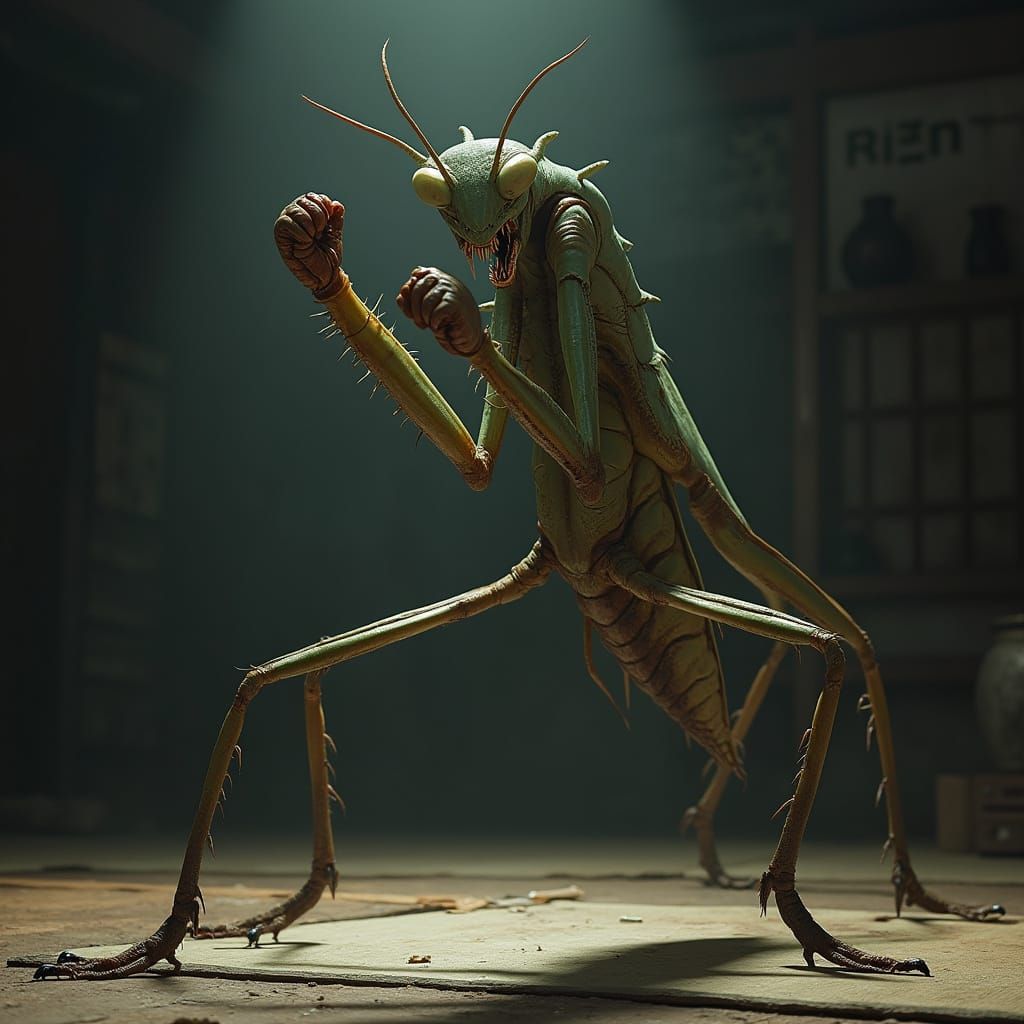 Aggressive Praying Mantis Boxing in Gritty Dojo