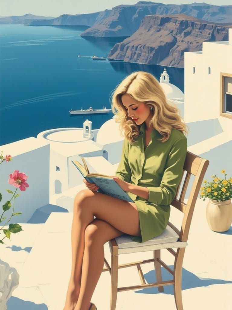 Woman Reading on Terrace in David Hockney Style