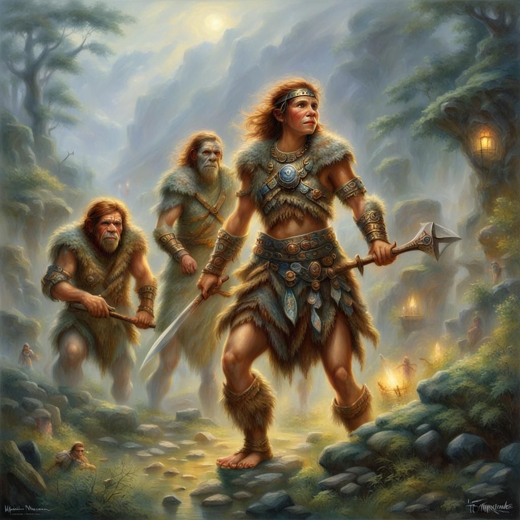 Ethereal Neanderthal Warriors in a Misty Landscape