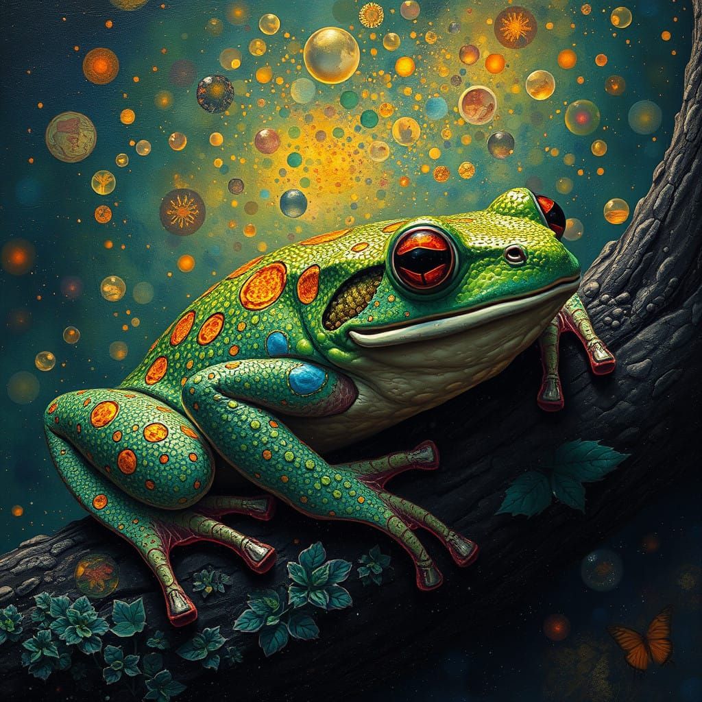Hyperdetailed Metaphysical Frog Painting in Pointillism Styl...