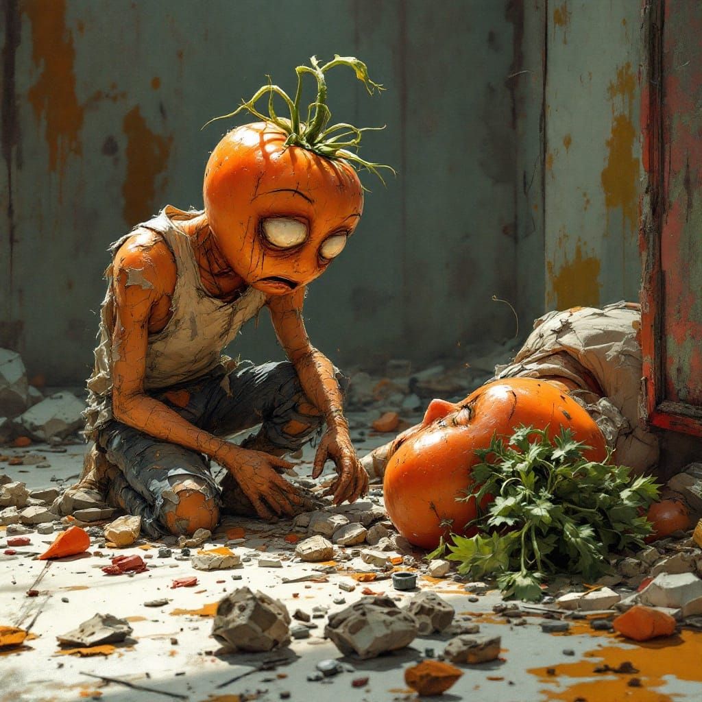 Heartbroken Tomato-Carrot Hybrid Finds Mother Amidst Ruins