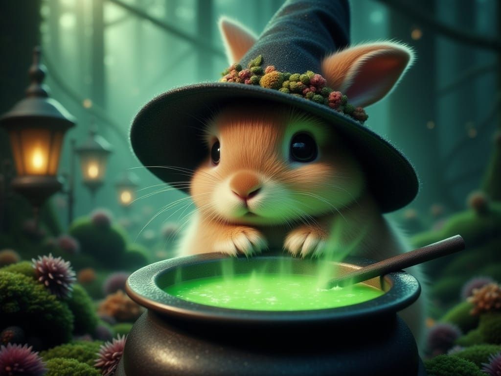 Cute Bunny Witch Brews Potion in Mystical Forest