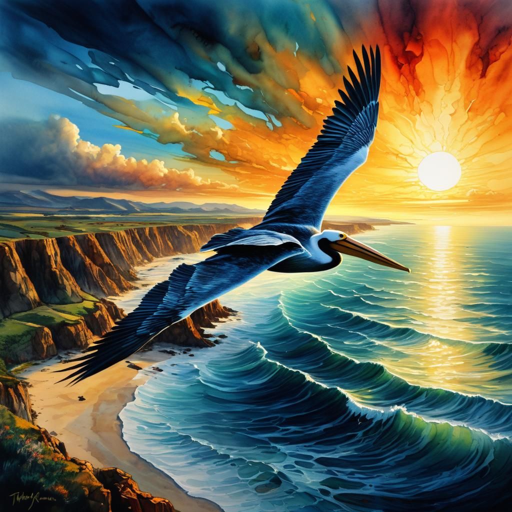 Pelican Flight: Alcohol Ink Painting with Volumetric Lightin...
