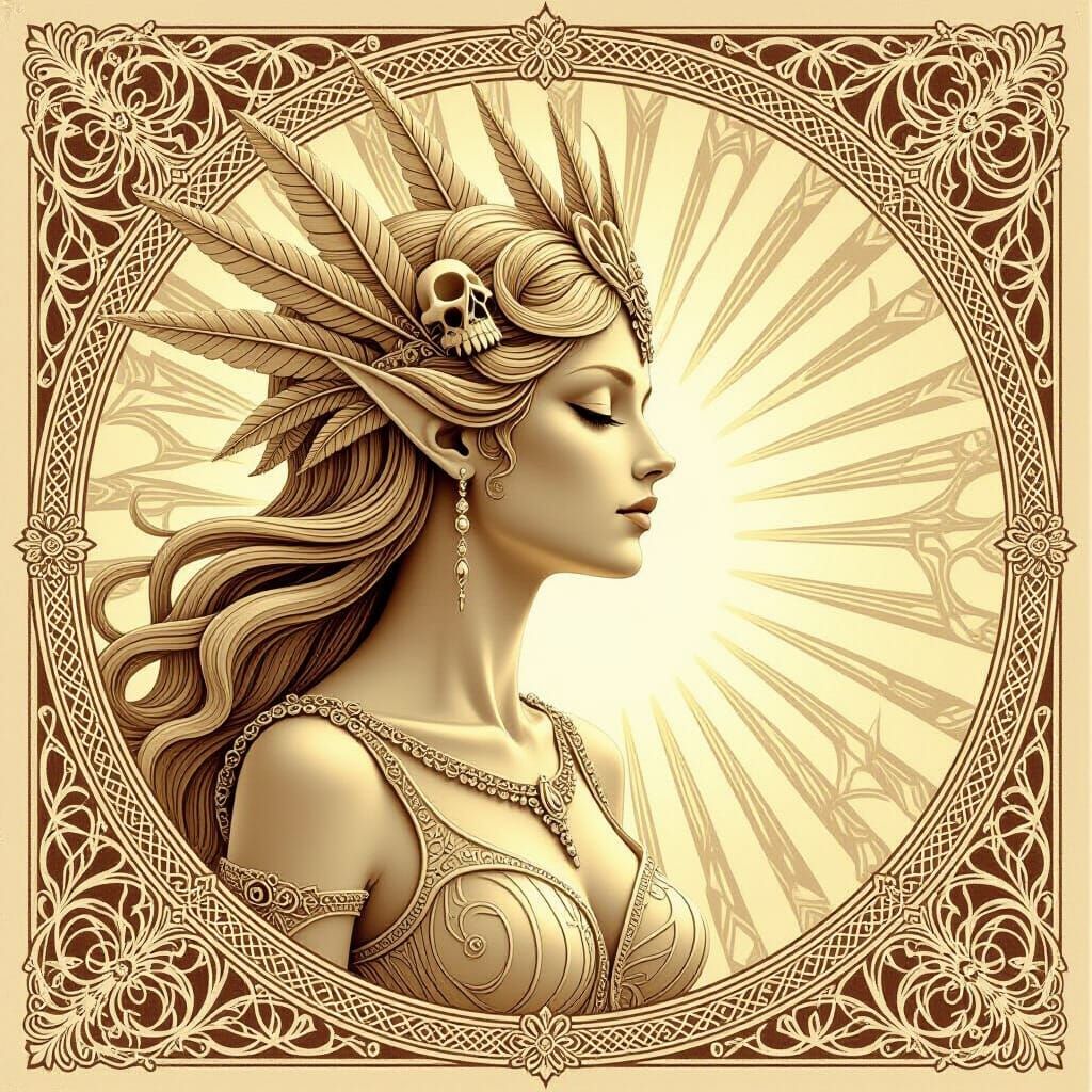 Divine Wood Nymph in Sepia Linocut Style