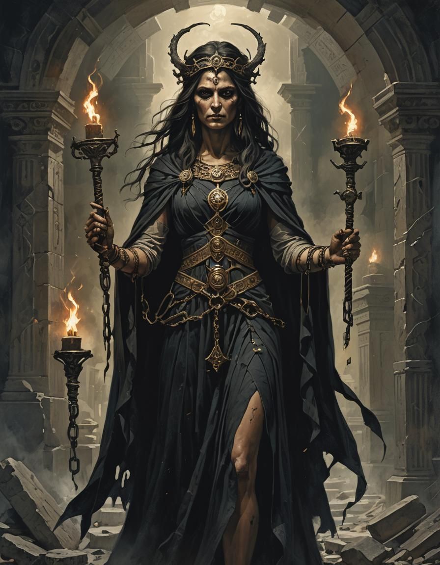 Eerie Greek Witch Goddess with Keys and Torches