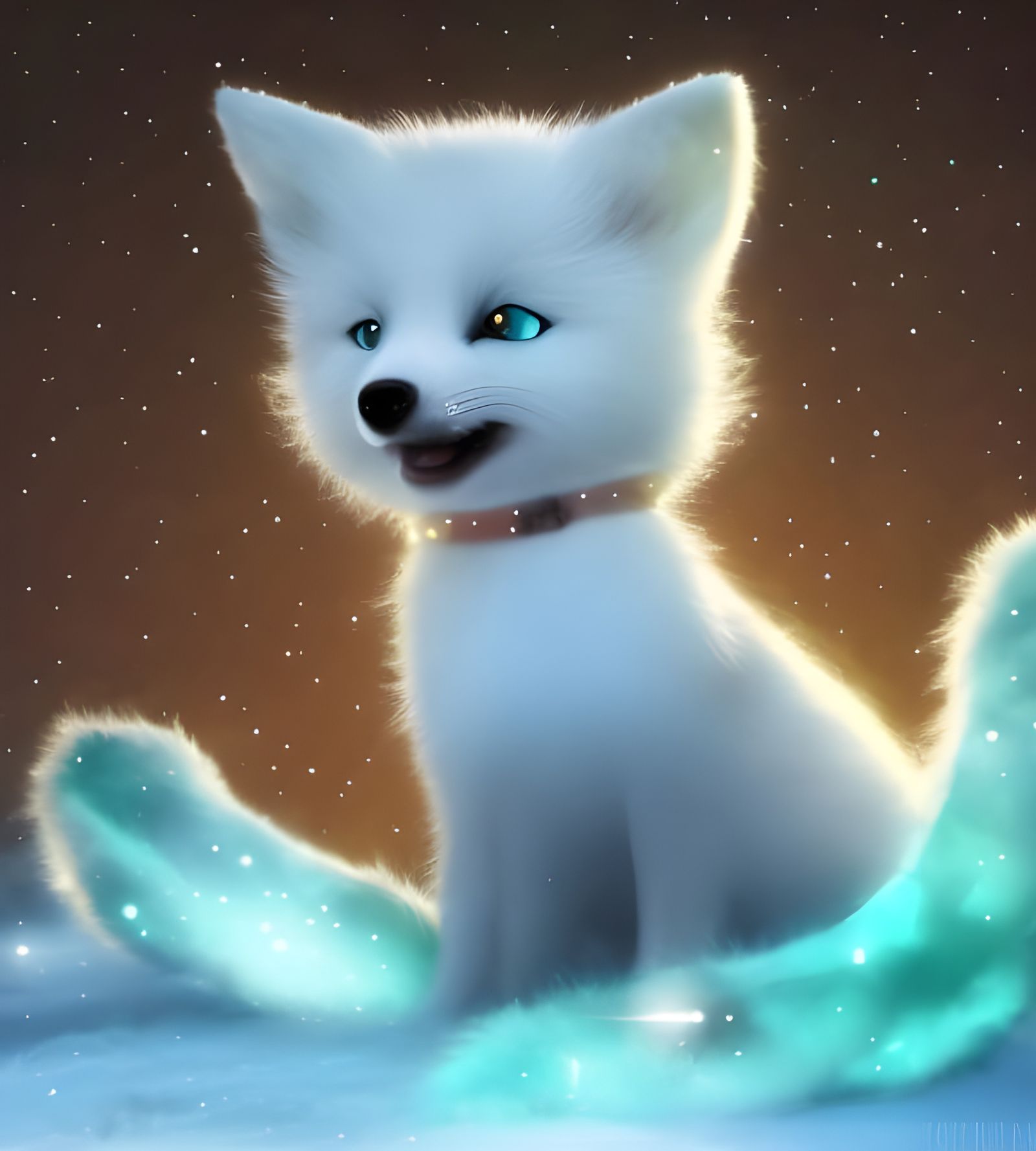 Cute White Fox Cub with Teal Crystal Sparkles