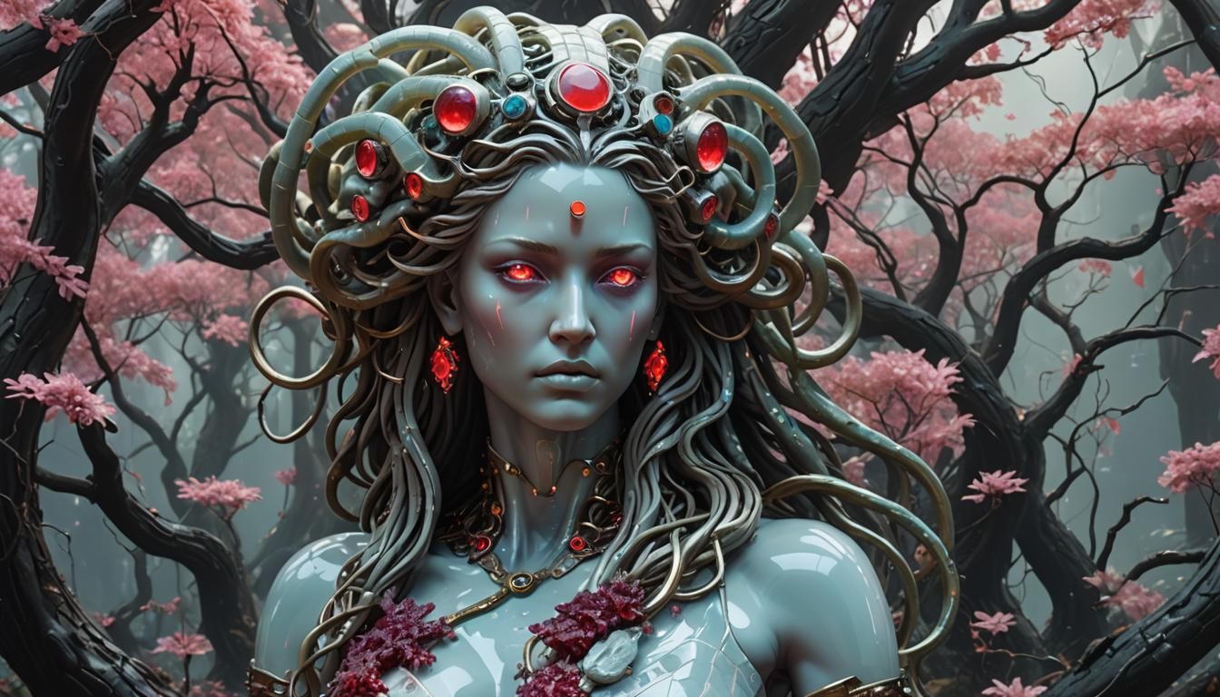 Opal Medusa Statue in Serpentine Cyberpunk Forest