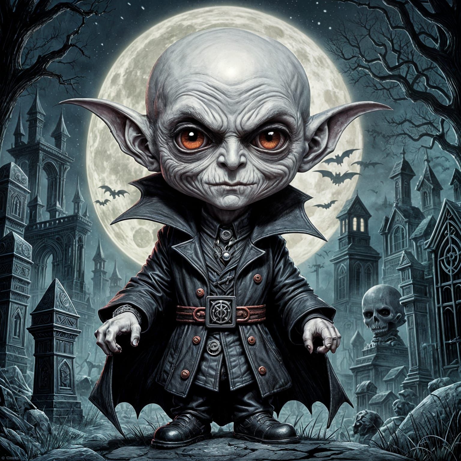 Horrorpunk Chibi Nosferatu in Gothic Graveyard
