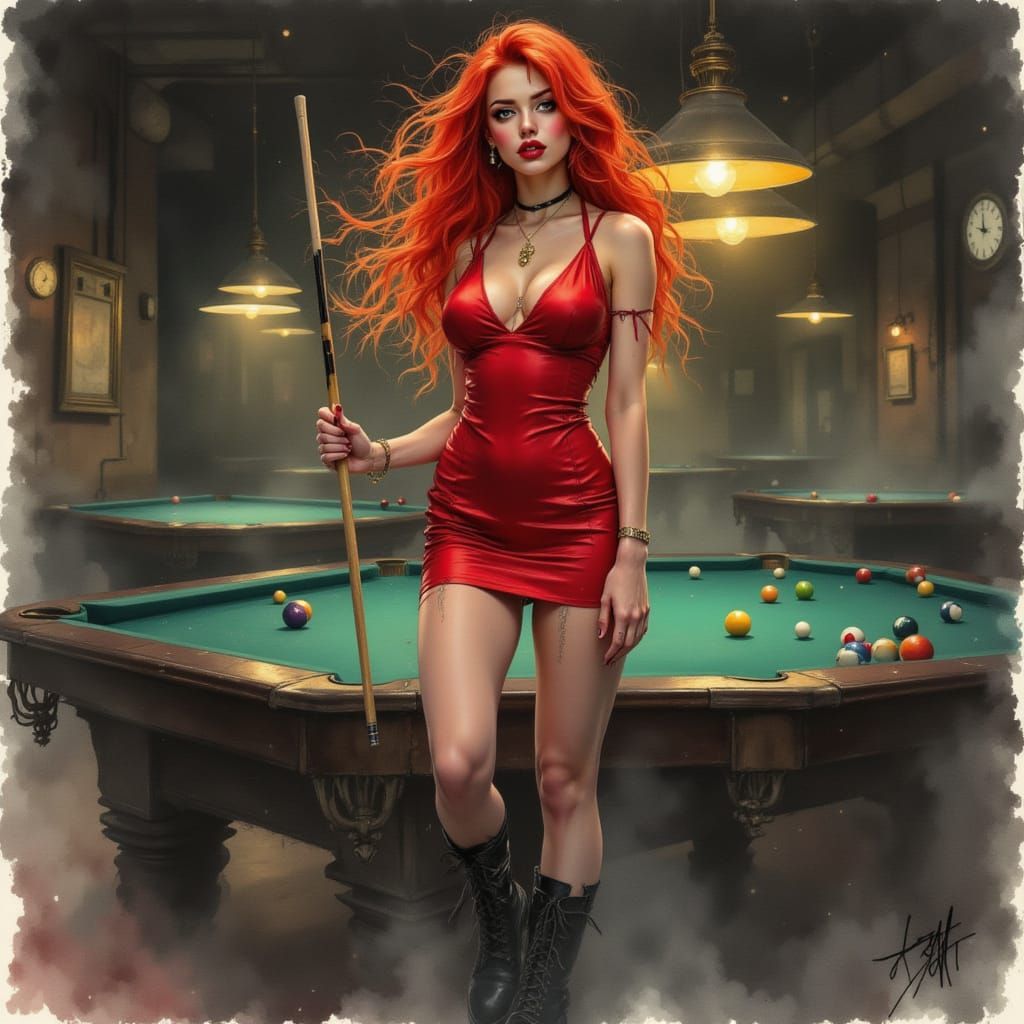 Woman with Red Hair Holds Pool Cue in Dim Hall