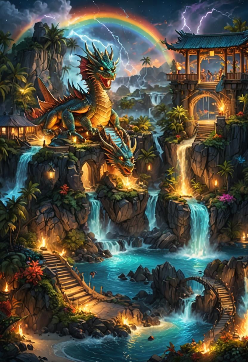 Magical Dragon Island Paradise at Night