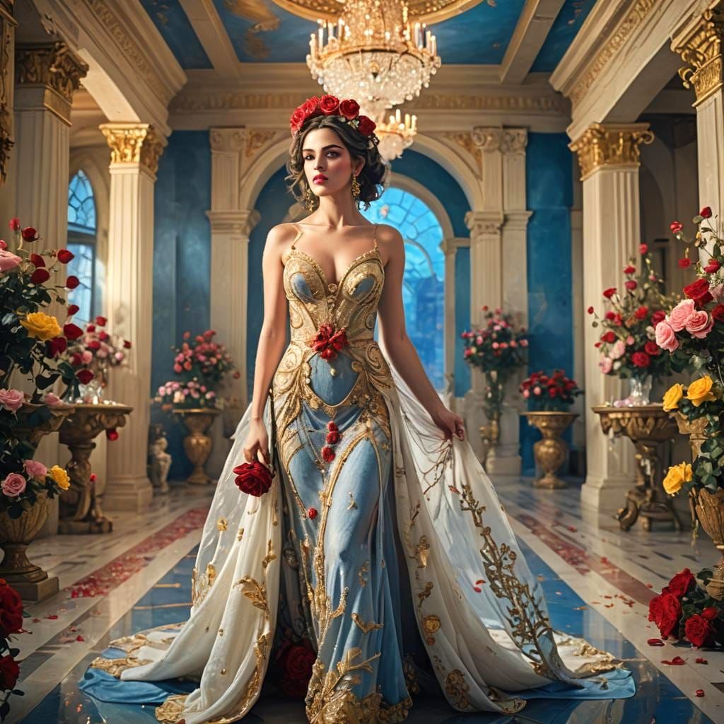 Stunning Woman in a Rose-Decorated Hall
