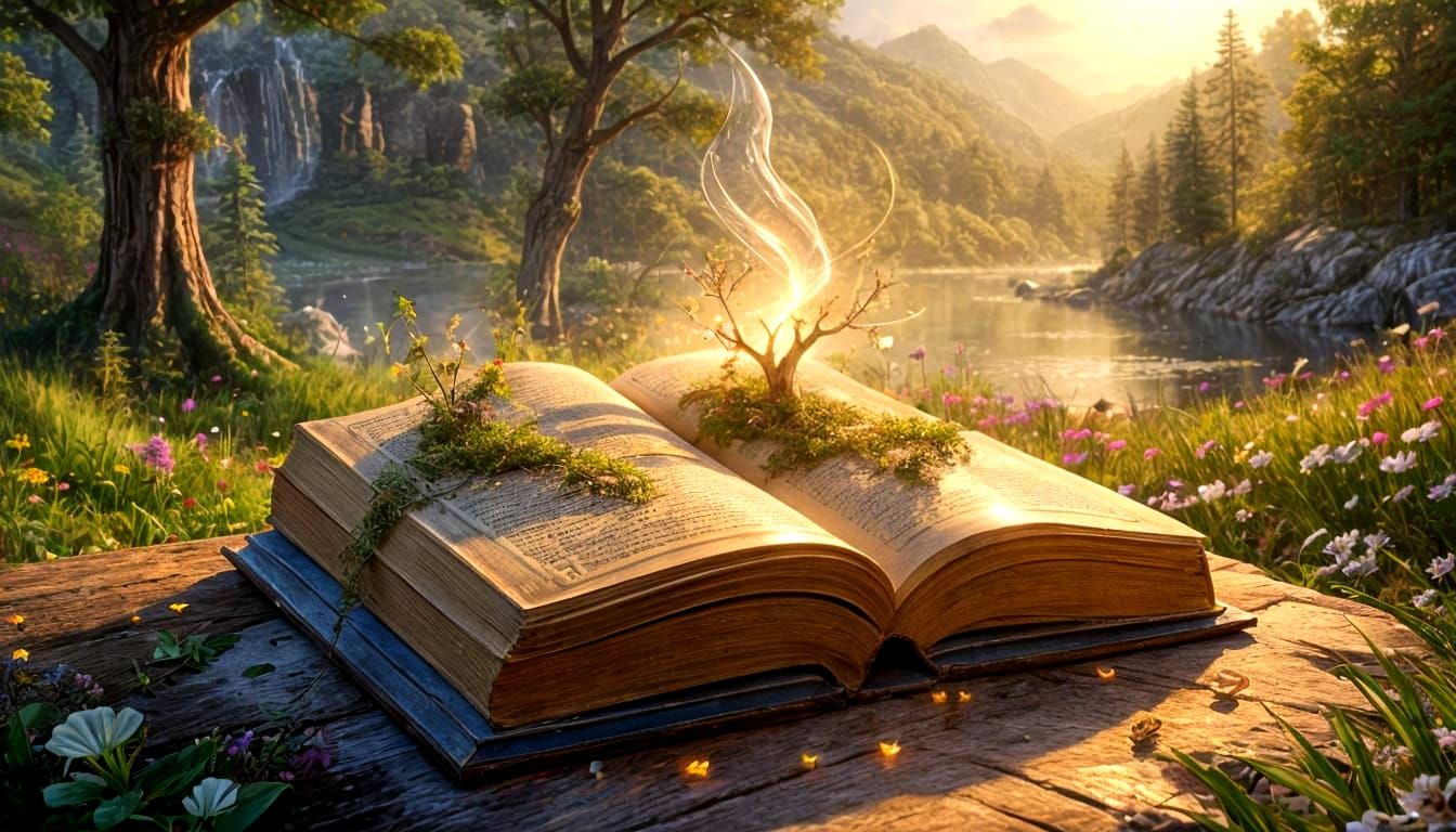 Mystical Book with Glowing Summer Landscape in 3D