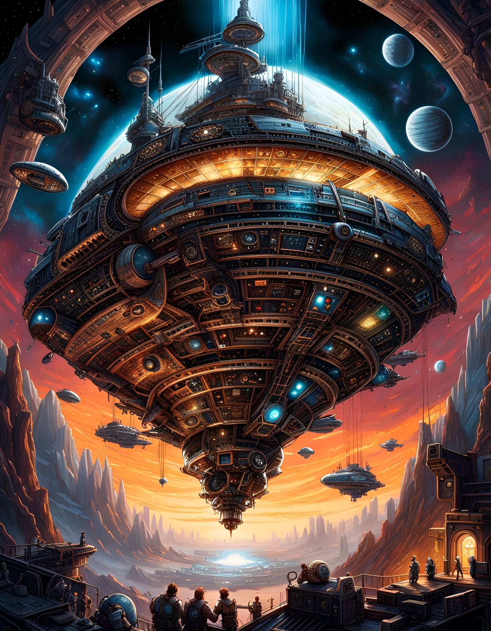 Galactic Pirate Ship Docking: Sci-Fi Warhammer Illustration