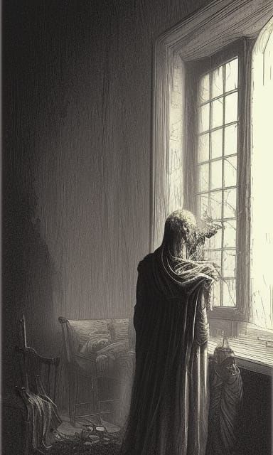 Zombies at the Window in Horror Illustration Style