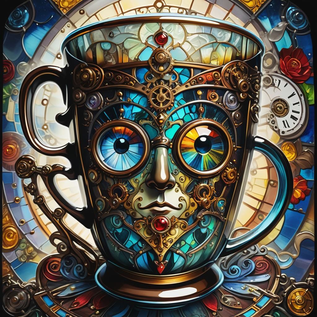 Steampunk Coffee Cup in Stained-Glass Folk Art