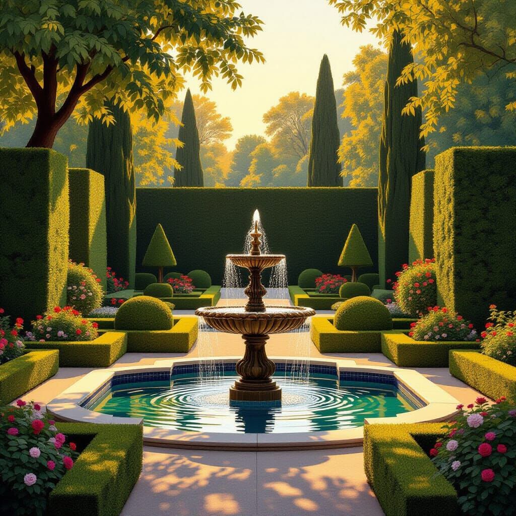 Art Deco Garden with Golden Hour Light and Geometric Hedges