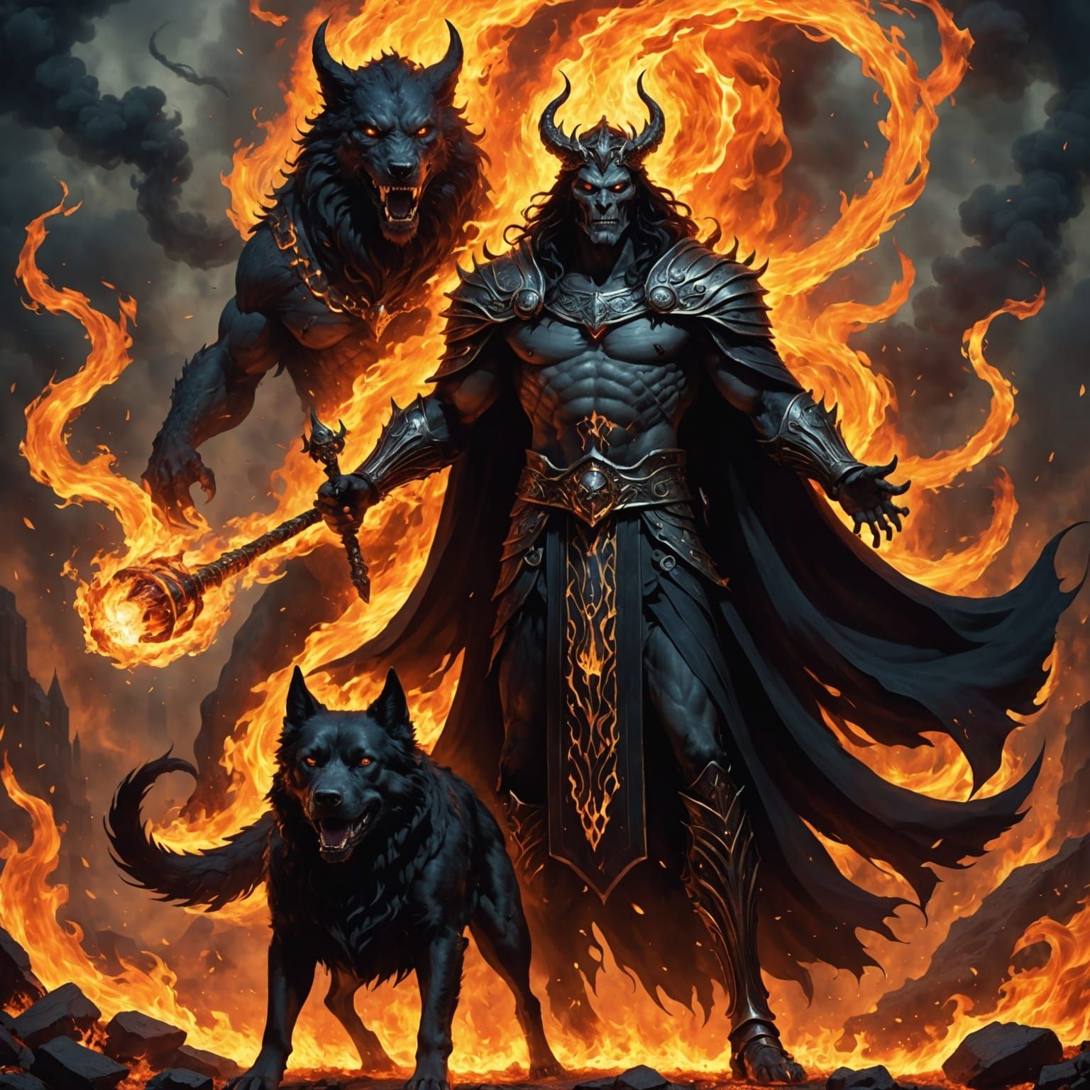 Hades God of Underworld with Fiery Dog