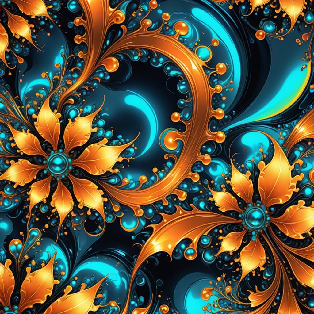 Abstract Liquid Metal Floral Fractal Art in Neon Colors