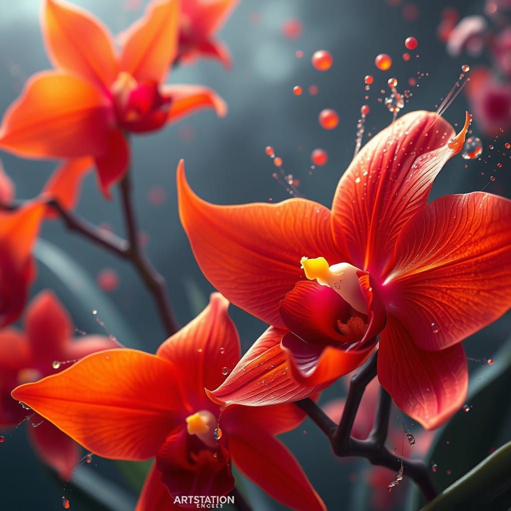 Ethereal Blood Orange Blooms in Vibrant Fantasy World