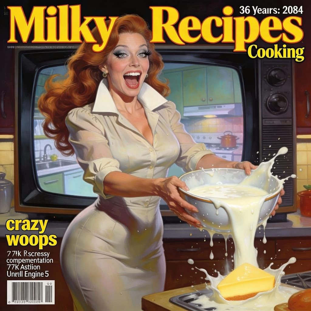 Milky Recipes Magazine Cover: 1980s Pulp Art Style