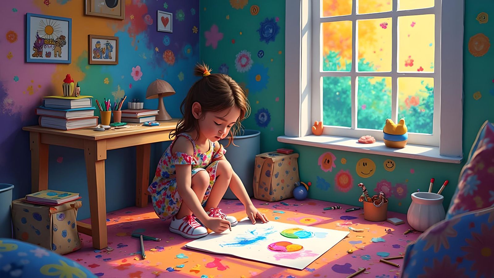 Colorful Cartoon Girl's Celestial Drawing, Pixar Style