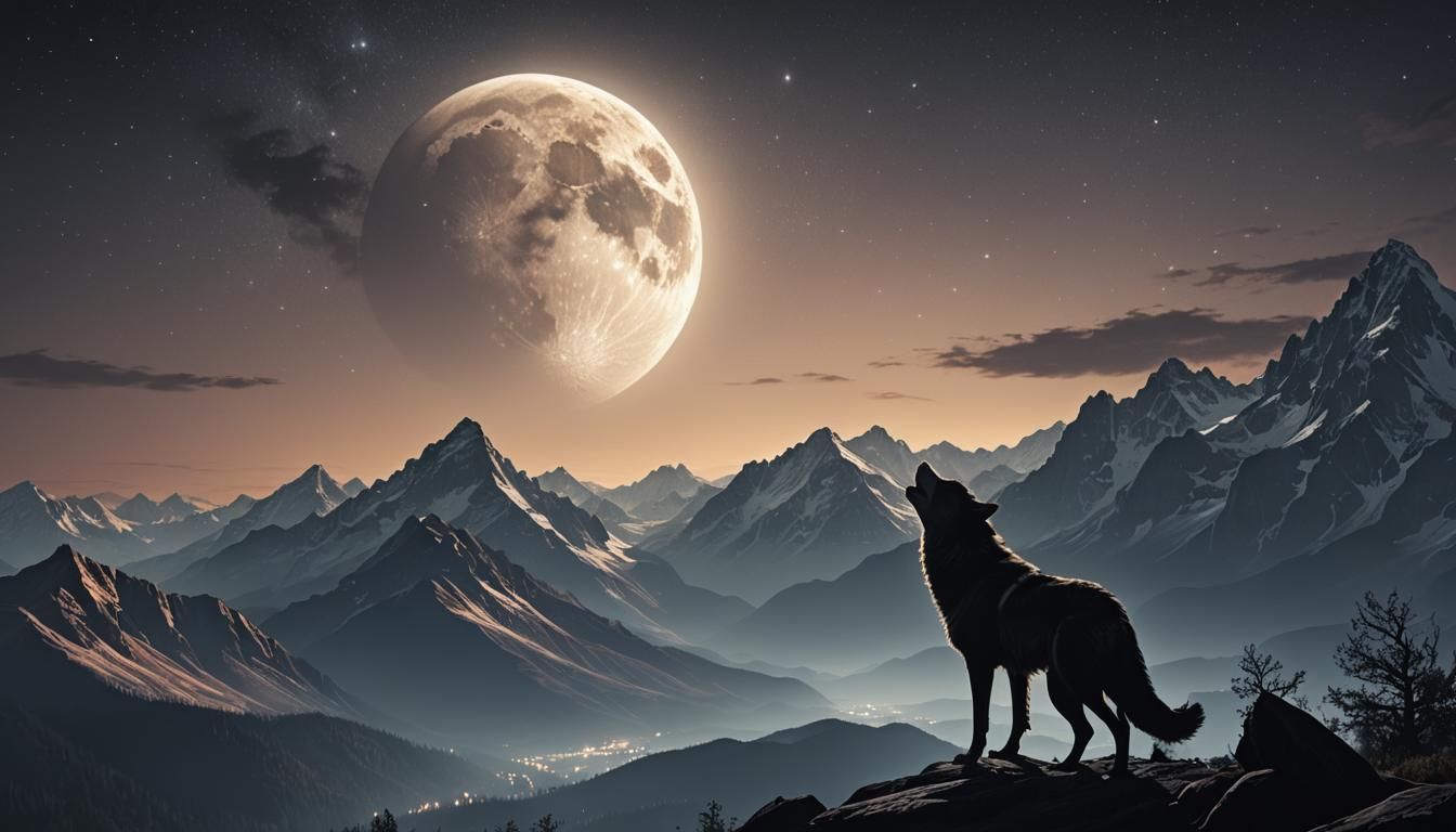 Dramatic Wolf Howling at Moon Silhouette