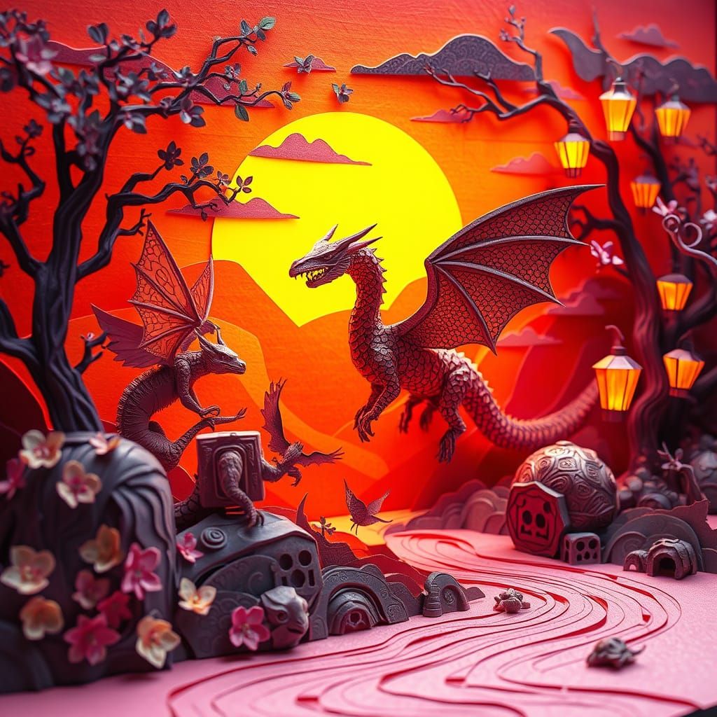 Mystical Paper Creatures in Origami-Inspired Landscape